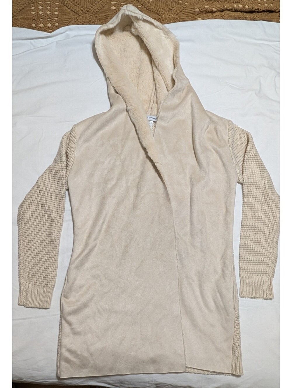 Cotton Emporium Ivory Hooded Open Front Faux Fur Long Cardigan Sweater M